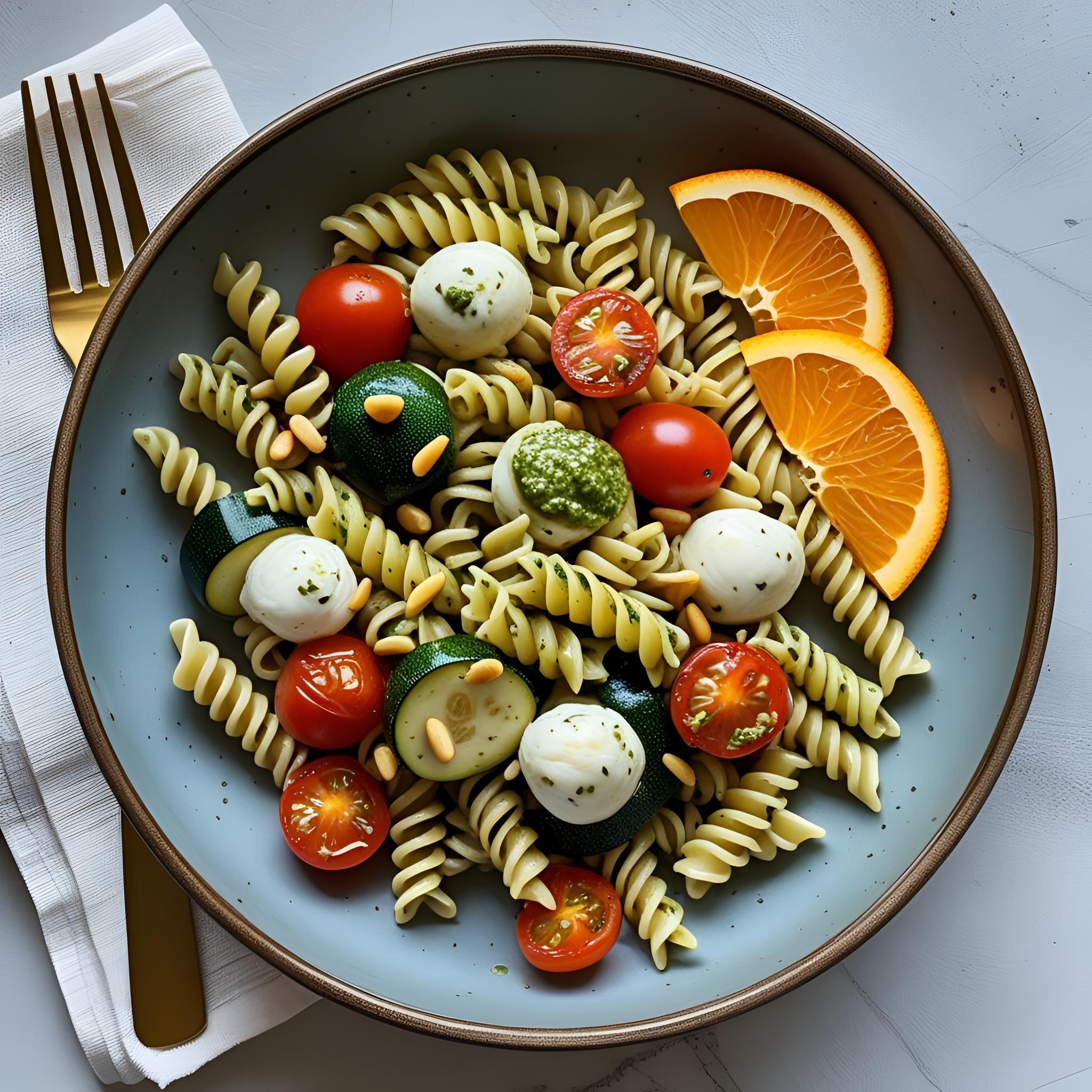 Basil Pesto Pasta with Veggies and Mozzarella
