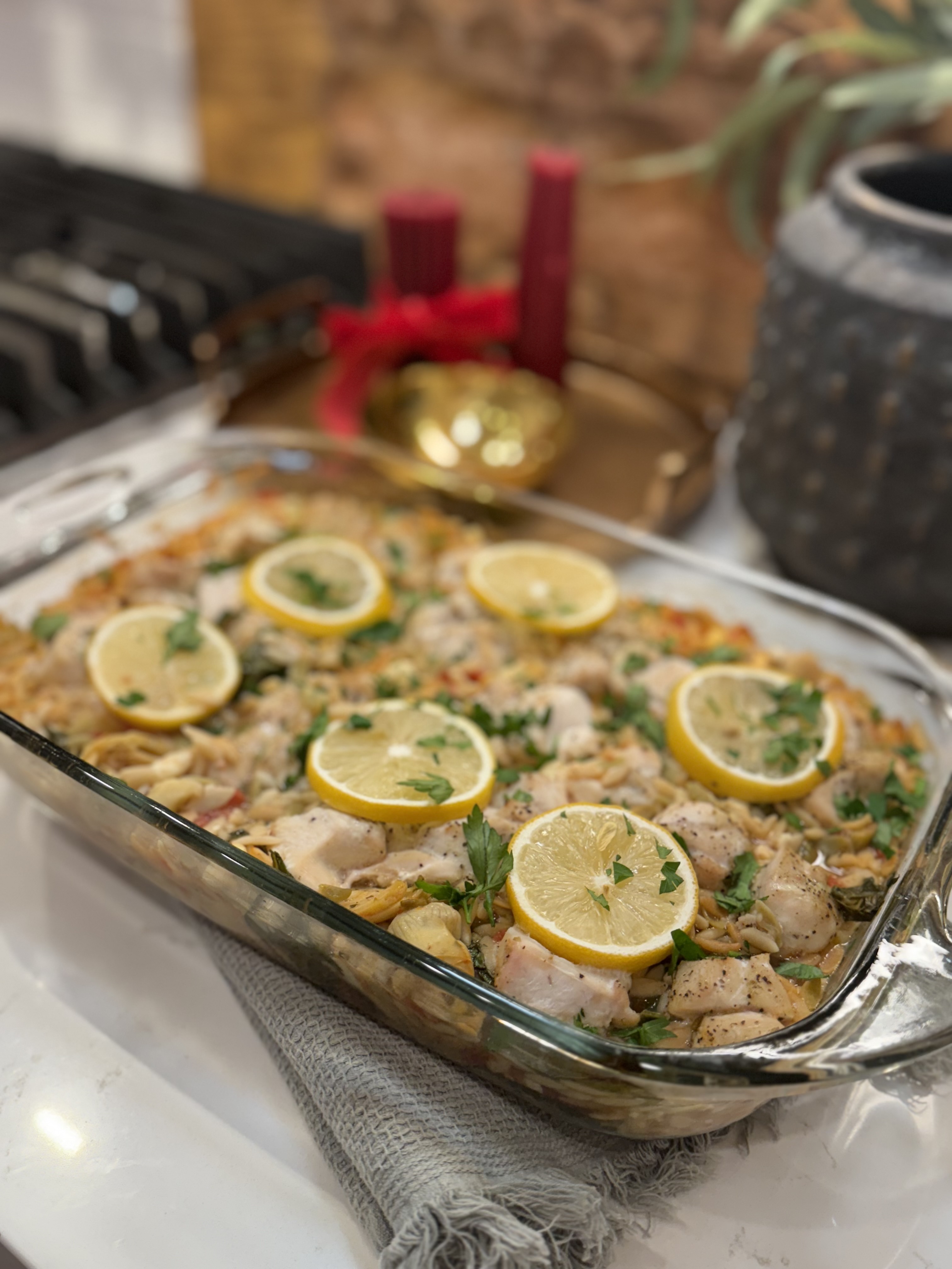 Greek Lemon Chicken Casserole with Orzo Bake
