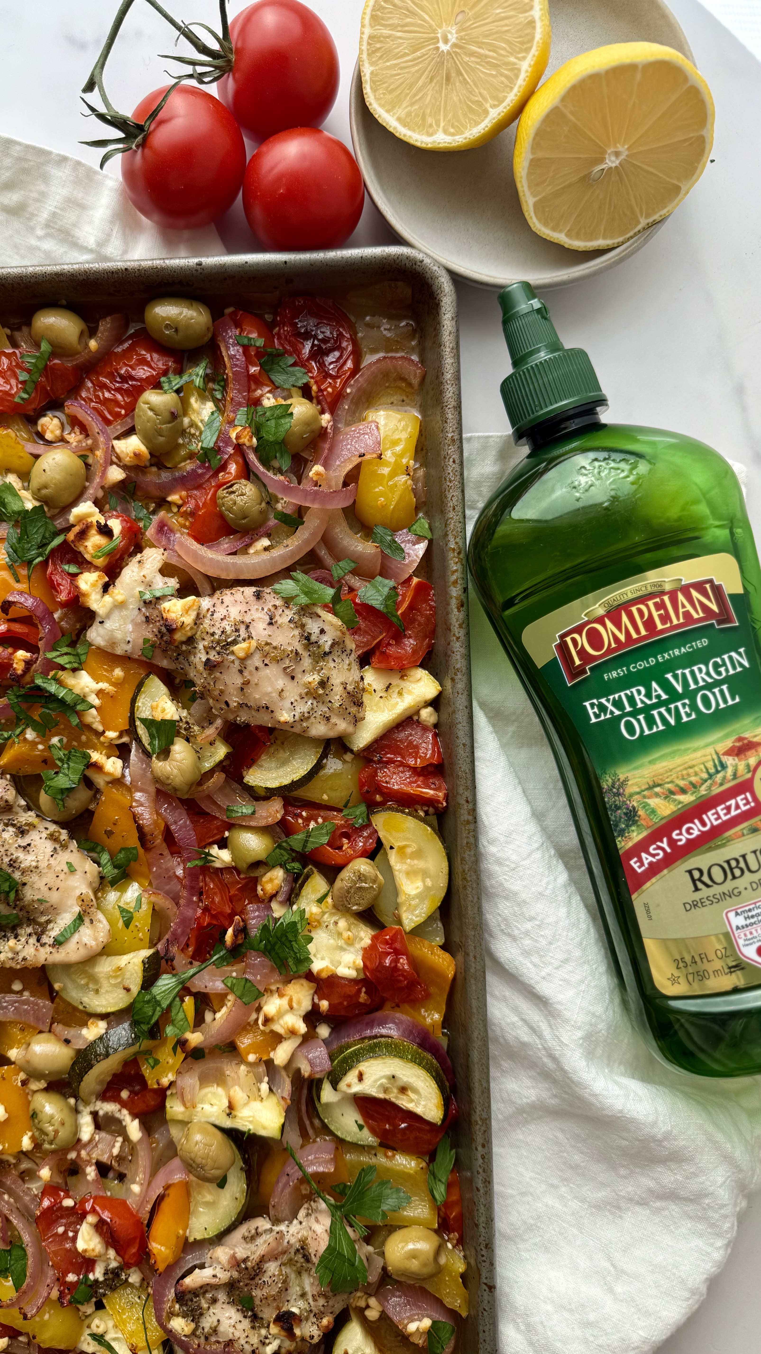 Sheet pan Greek Chicken and Vegetables with Vinaigrette